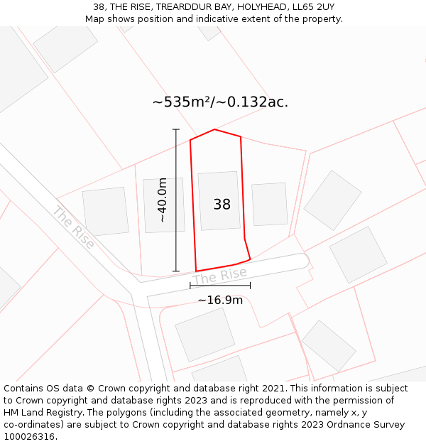 38, THE RISE, TREARDDUR BAY, HOLYHEAD, LL65 2UY: Plot and title map