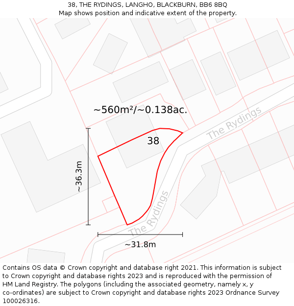 38, THE RYDINGS, LANGHO, BLACKBURN, BB6 8BQ: Plot and title map