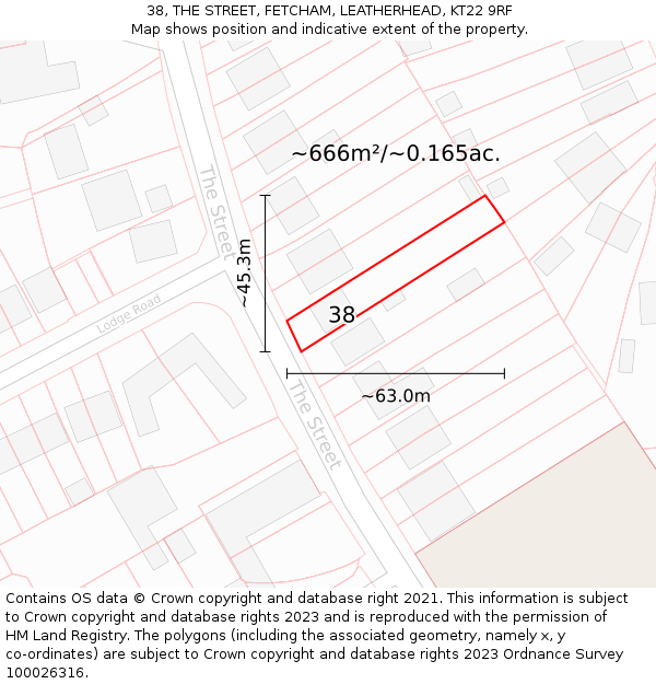 38, THE STREET, FETCHAM, LEATHERHEAD, KT22 9RF: Plot and title map
