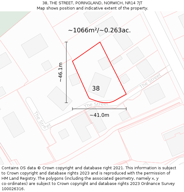 38, THE STREET, PORINGLAND, NORWICH, NR14 7JT: Plot and title map