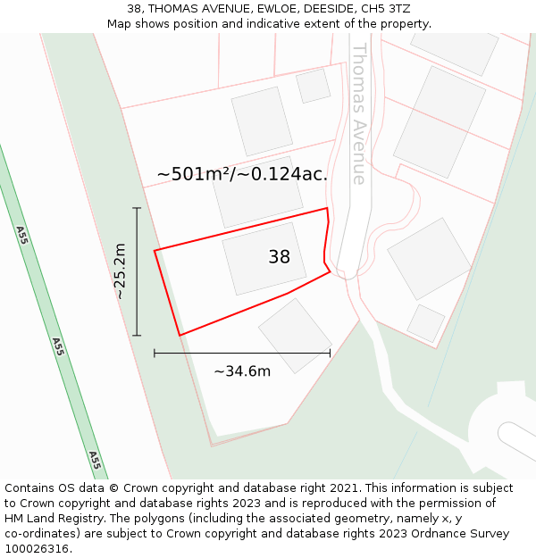 38, THOMAS AVENUE, EWLOE, DEESIDE, CH5 3TZ: Plot and title map