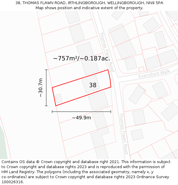 38, THOMAS FLAWN ROAD, IRTHLINGBOROUGH, WELLINGBOROUGH, NN9 5PA: Plot and title map