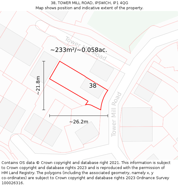 38, TOWER MILL ROAD, IPSWICH, IP1 4QG: Plot and title map