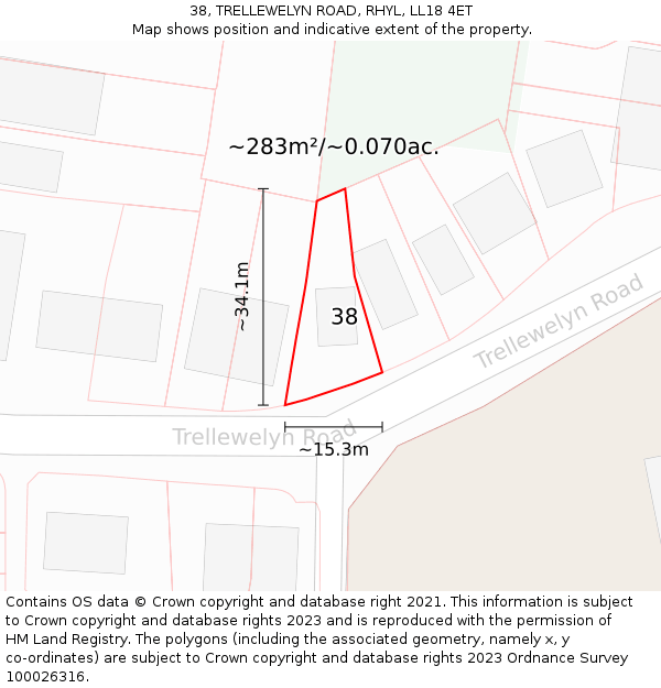 38, TRELLEWELYN ROAD, RHYL, LL18 4ET: Plot and title map