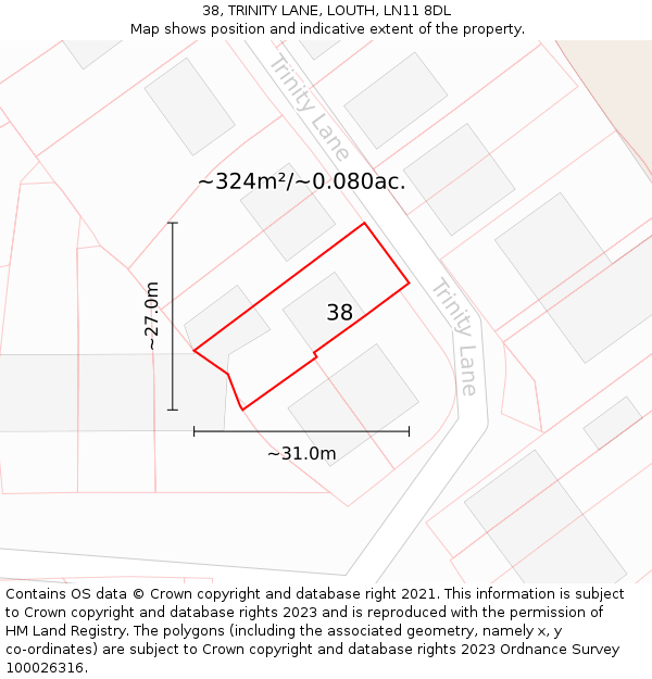 38, TRINITY LANE, LOUTH, LN11 8DL: Plot and title map