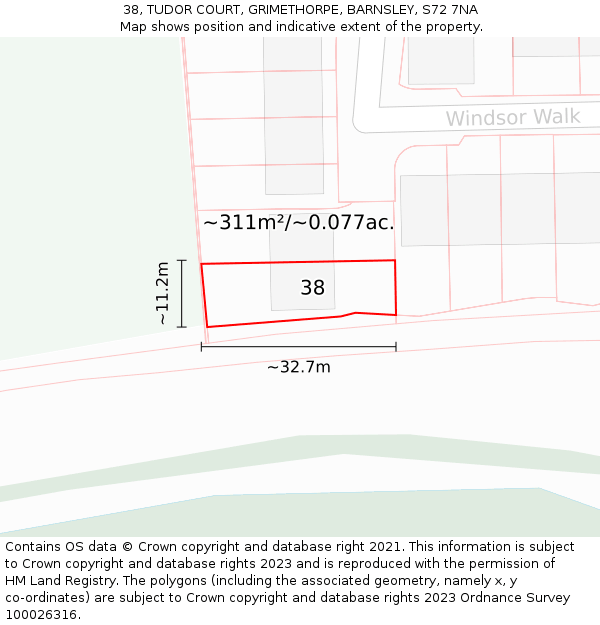 38, TUDOR COURT, GRIMETHORPE, BARNSLEY, S72 7NA: Plot and title map