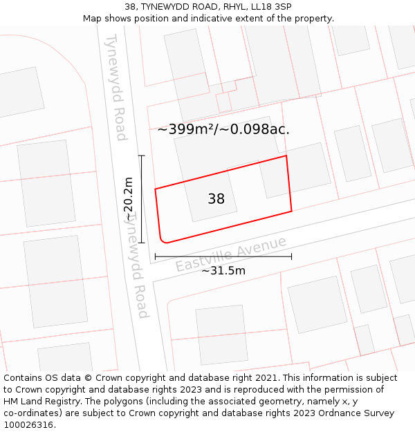 38, TYNEWYDD ROAD, RHYL, LL18 3SP: Plot and title map