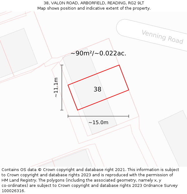 38, VALON ROAD, ARBORFIELD, READING, RG2 9LT: Plot and title map