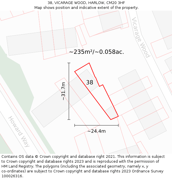 38, VICARAGE WOOD, HARLOW, CM20 3HF: Plot and title map