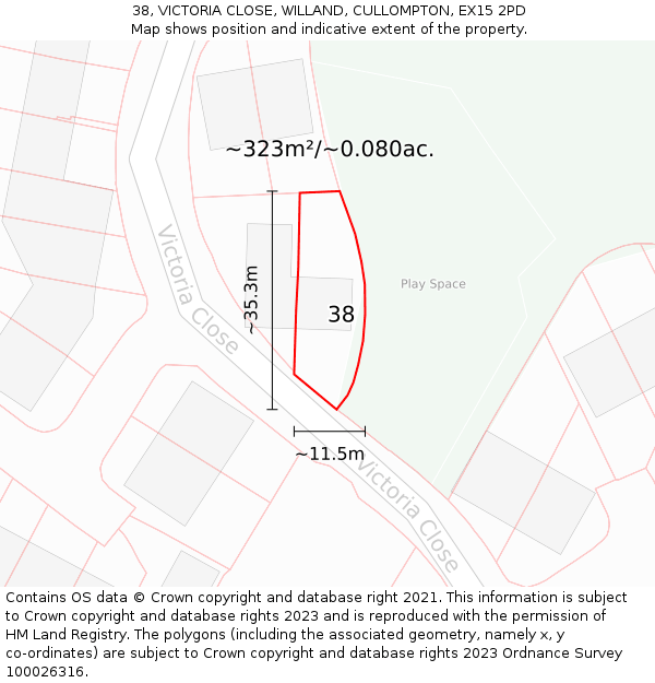 38, VICTORIA CLOSE, WILLAND, CULLOMPTON, EX15 2PD: Plot and title map