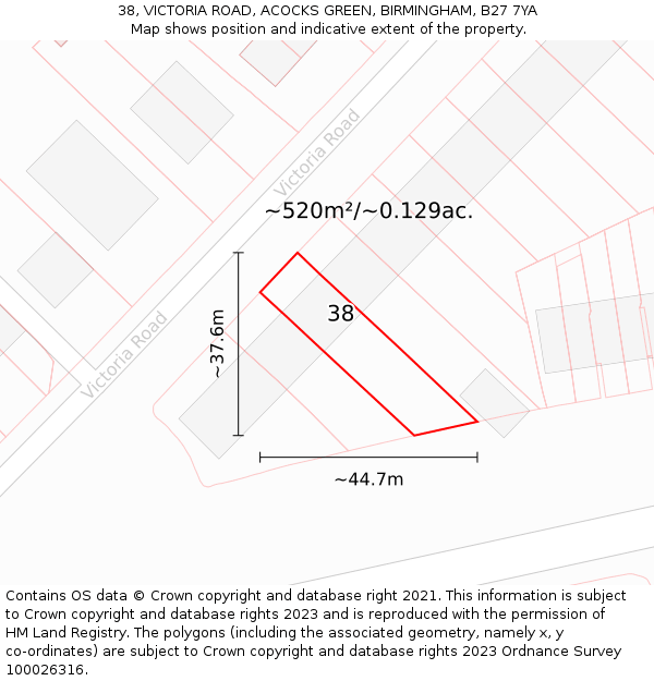 38, VICTORIA ROAD, ACOCKS GREEN, BIRMINGHAM, B27 7YA: Plot and title map