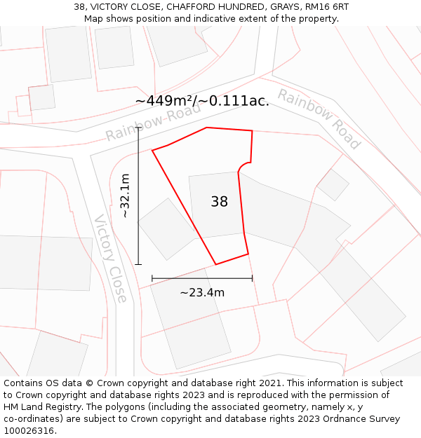 38, VICTORY CLOSE, CHAFFORD HUNDRED, GRAYS, RM16 6RT: Plot and title map