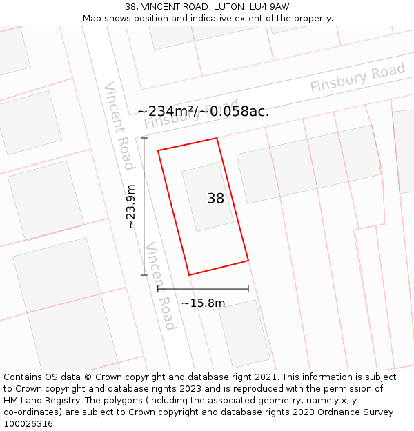 38, VINCENT ROAD, LUTON, LU4 9AW: Plot and title map