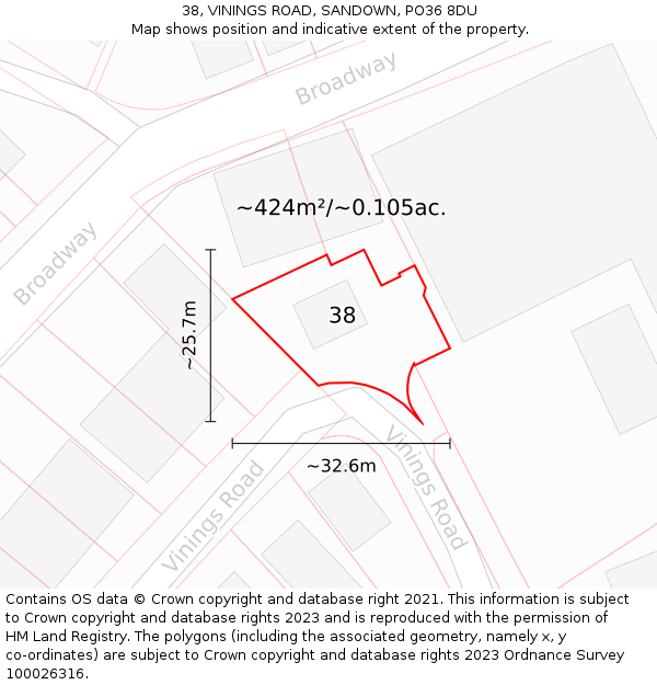 38, VININGS ROAD, SANDOWN, PO36 8DU: Plot and title map