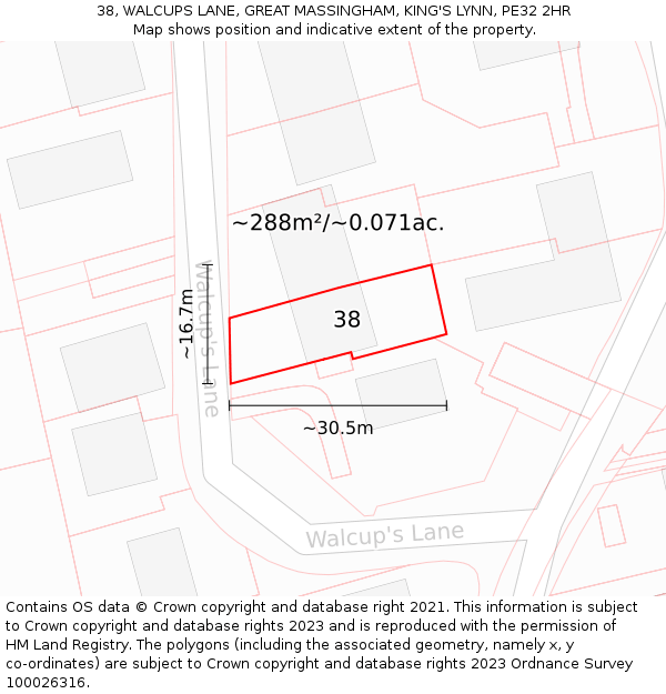 38, WALCUPS LANE, GREAT MASSINGHAM, KING'S LYNN, PE32 2HR: Plot and title map