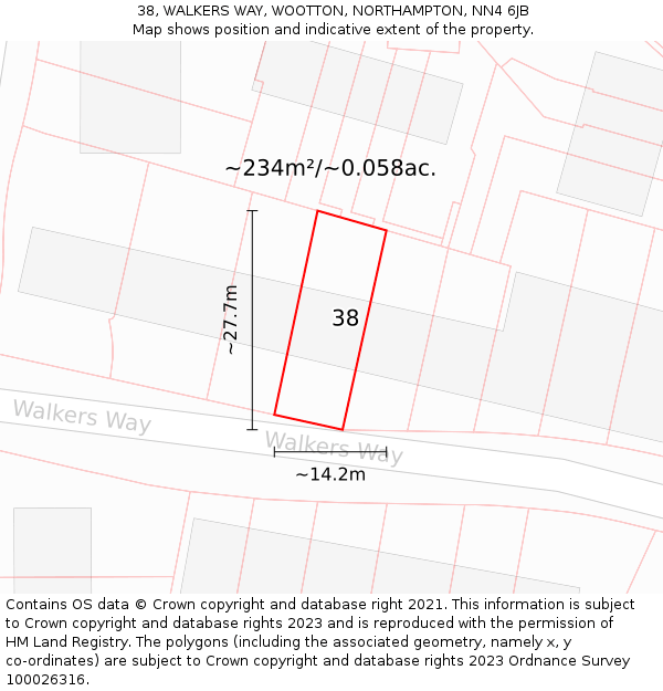 38, WALKERS WAY, WOOTTON, NORTHAMPTON, NN4 6JB: Plot and title map