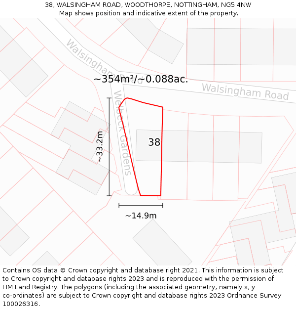 38, WALSINGHAM ROAD, WOODTHORPE, NOTTINGHAM, NG5 4NW: Plot and title map