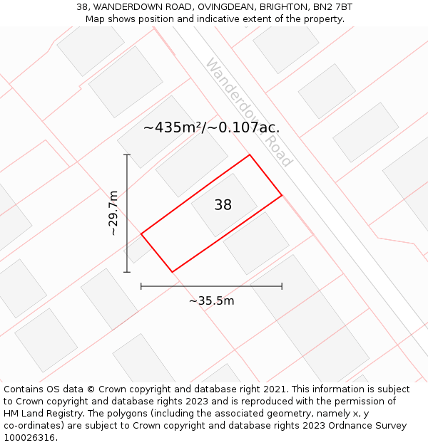 38, WANDERDOWN ROAD, OVINGDEAN, BRIGHTON, BN2 7BT: Plot and title map