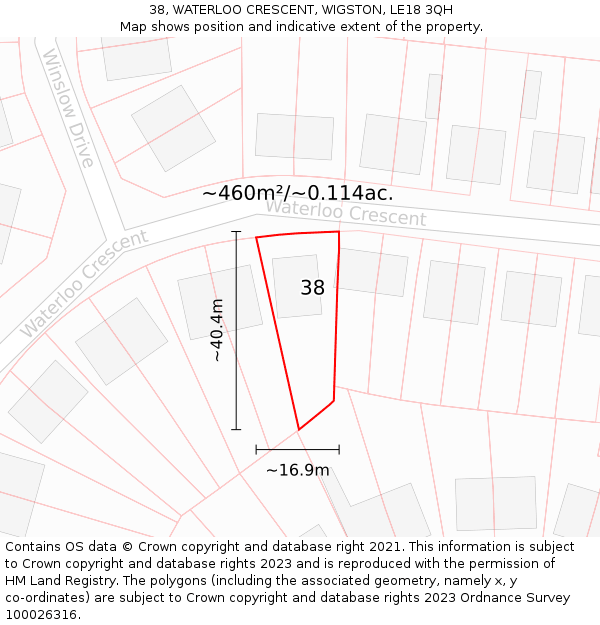 38, WATERLOO CRESCENT, WIGSTON, LE18 3QH: Plot and title map