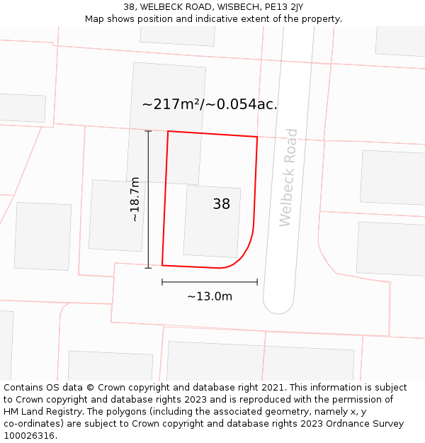 38, WELBECK ROAD, WISBECH, PE13 2JY: Plot and title map