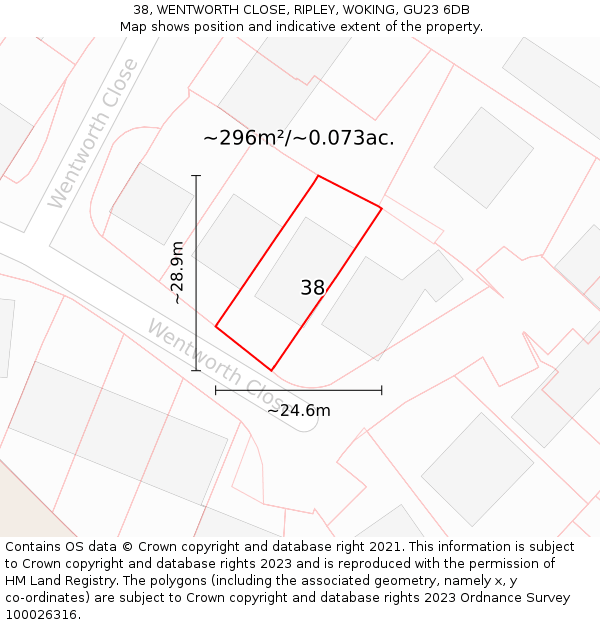 38, WENTWORTH CLOSE, RIPLEY, WOKING, GU23 6DB: Plot and title map