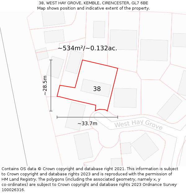 38, WEST HAY GROVE, KEMBLE, CIRENCESTER, GL7 6BE: Plot and title map