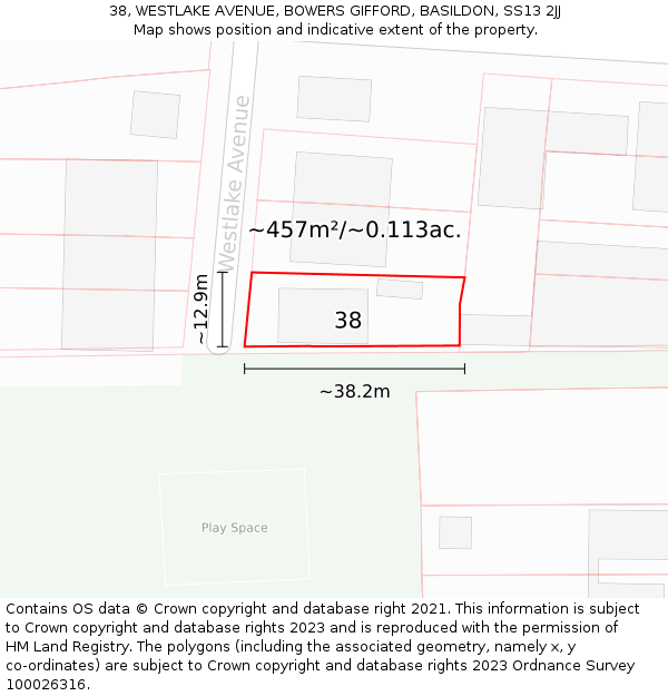 38, WESTLAKE AVENUE, BOWERS GIFFORD, BASILDON, SS13 2JJ: Plot and title map