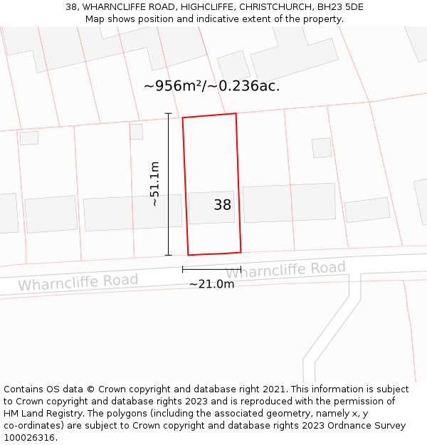 38, WHARNCLIFFE ROAD, HIGHCLIFFE, CHRISTCHURCH, BH23 5DE: Plot and title map