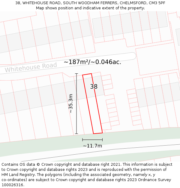 38, WHITEHOUSE ROAD, SOUTH WOODHAM FERRERS, CHELMSFORD, CM3 5PF: Plot and title map