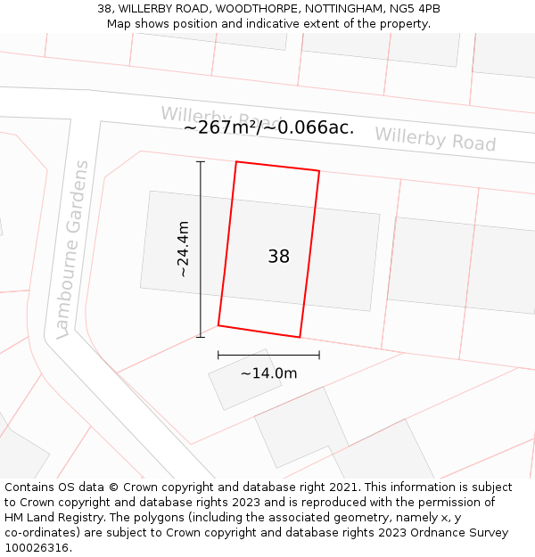 38, WILLERBY ROAD, WOODTHORPE, NOTTINGHAM, NG5 4PB: Plot and title map