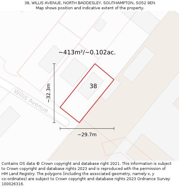 38, WILLIS AVENUE, NORTH BADDESLEY, SOUTHAMPTON, SO52 9EN: Plot and title map