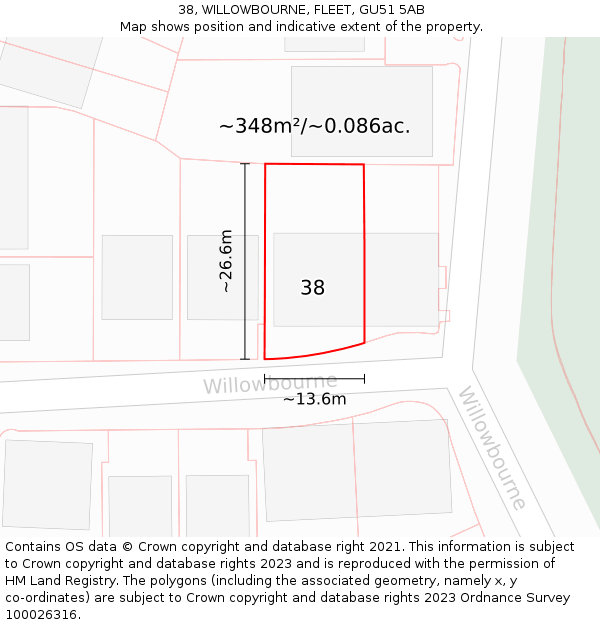 38, WILLOWBOURNE, FLEET, GU51 5AB: Plot and title map