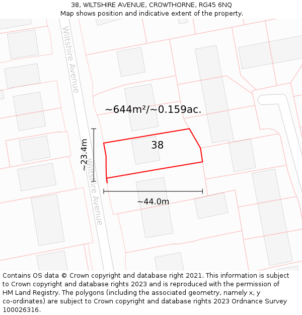 38, WILTSHIRE AVENUE, CROWTHORNE, RG45 6NQ: Plot and title map