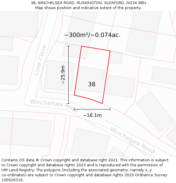 38, WINCHELSEA ROAD, RUSKINGTON, SLEAFORD, NG34 9BN: Plot and title map