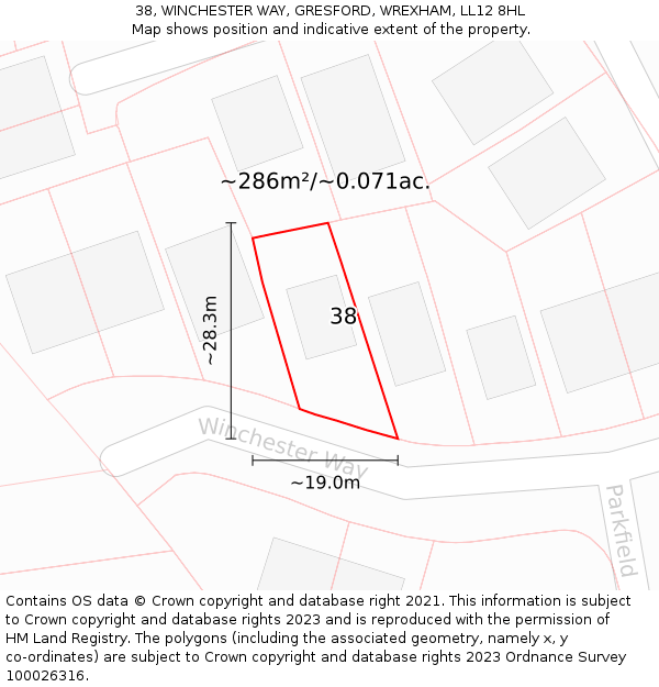 38, WINCHESTER WAY, GRESFORD, WREXHAM, LL12 8HL: Plot and title map