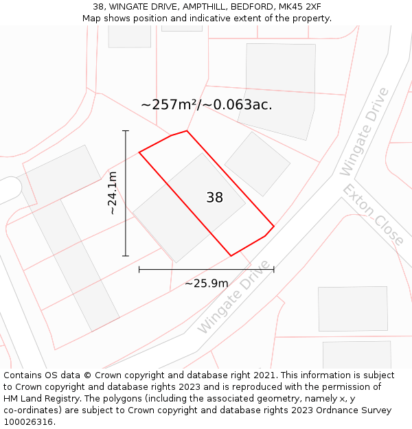 38, WINGATE DRIVE, AMPTHILL, BEDFORD, MK45 2XF: Plot and title map
