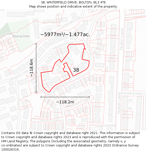 38, WINTERFIELD DRIVE, BOLTON, BL3 4TE: Plot and title map