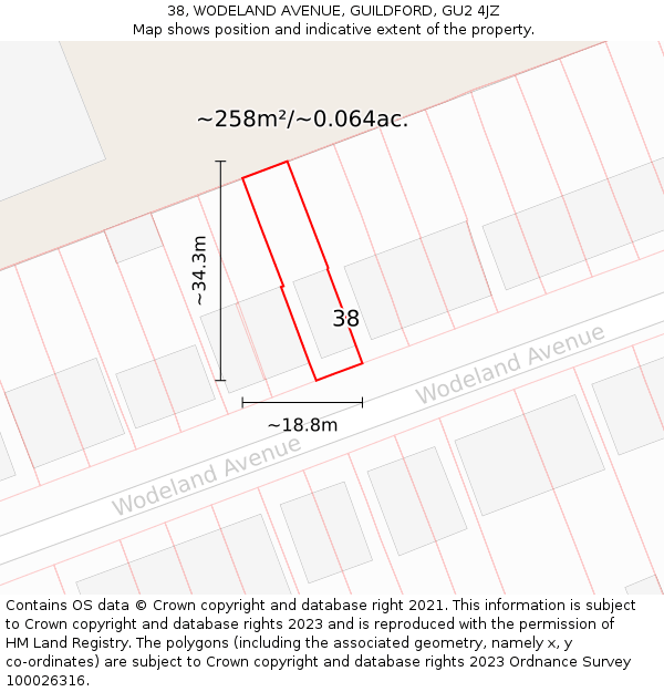 38, WODELAND AVENUE, GUILDFORD, GU2 4JZ: Plot and title map