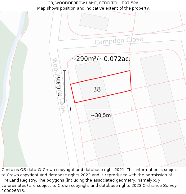 38, WOODBERROW LANE, REDDITCH, B97 5PA: Plot and title map