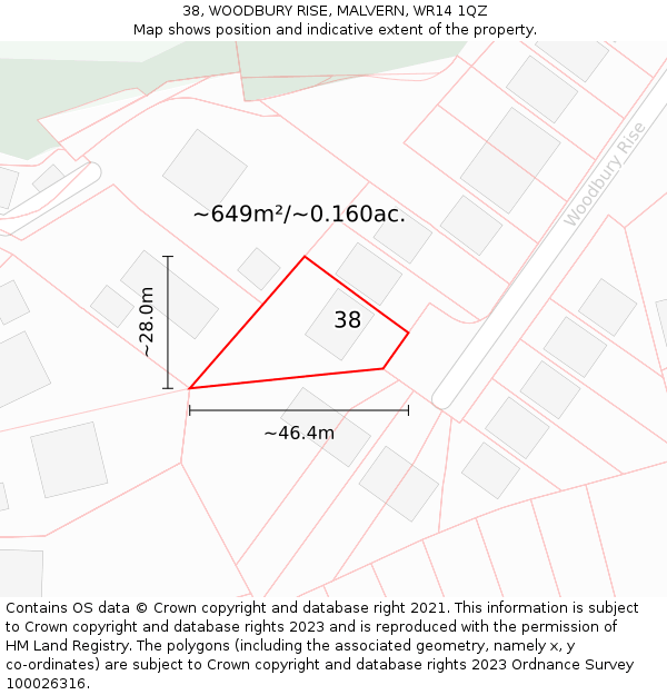 38, WOODBURY RISE, MALVERN, WR14 1QZ: Plot and title map