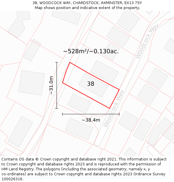 38, WOODCOCK WAY, CHARDSTOCK, AXMINSTER, EX13 7SY: Plot and title map