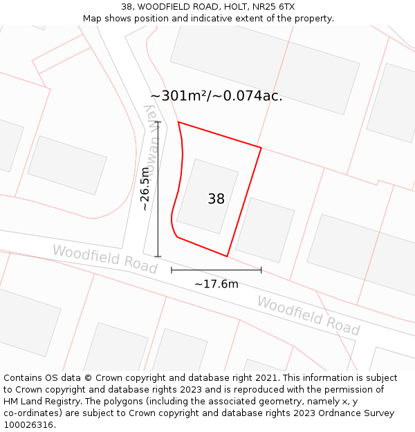 38, WOODFIELD ROAD, HOLT, NR25 6TX: Plot and title map