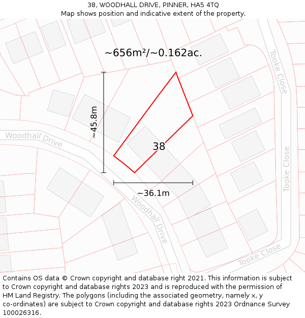 38, WOODHALL DRIVE, PINNER, HA5 4TQ: Plot and title map