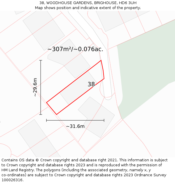 38, WOODHOUSE GARDENS, BRIGHOUSE, HD6 3UH: Plot and title map