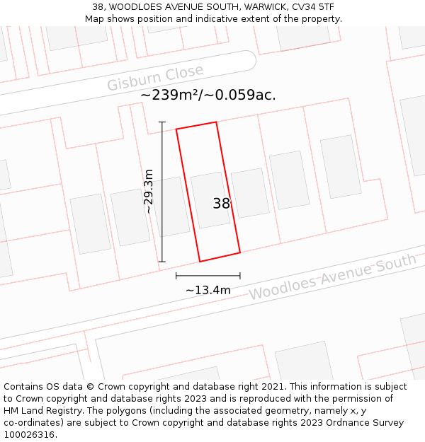 38, WOODLOES AVENUE SOUTH, WARWICK, CV34 5TF: Plot and title map