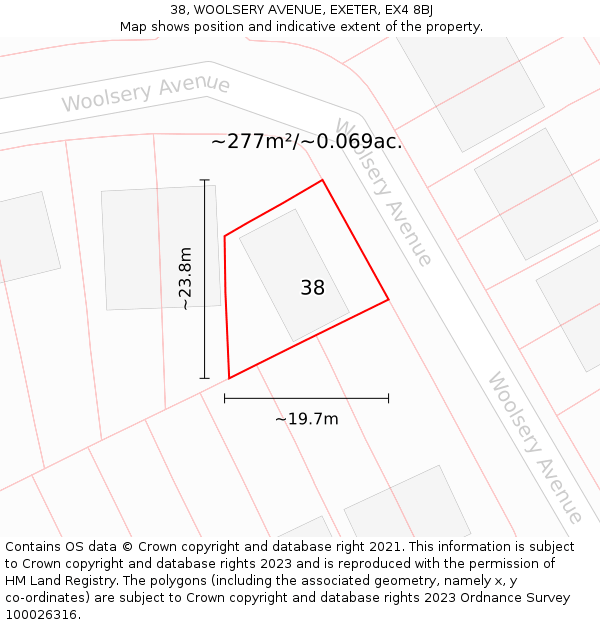 38, WOOLSERY AVENUE, EXETER, EX4 8BJ: Plot and title map