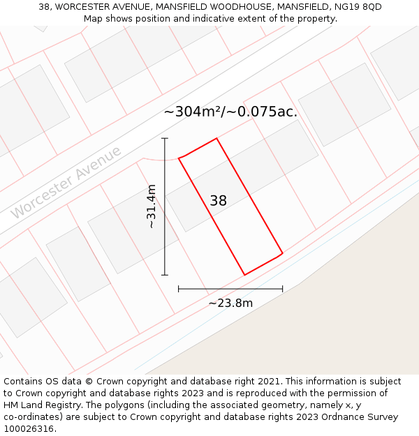 38, WORCESTER AVENUE, MANSFIELD WOODHOUSE, MANSFIELD, NG19 8QD: Plot and title map