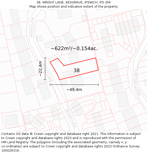 38, WRIGHT LANE, KESGRAVE, IPSWICH, IP5 2FA: Plot and title map