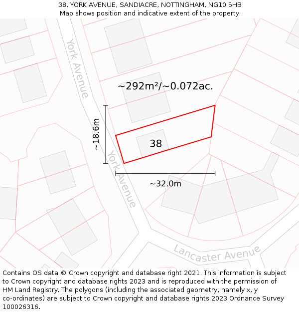 38, YORK AVENUE, SANDIACRE, NOTTINGHAM, NG10 5HB: Plot and title map