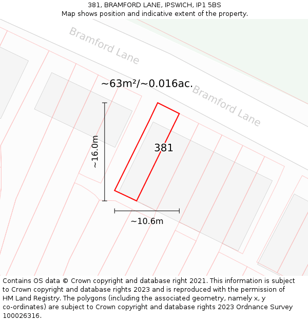 381, BRAMFORD LANE, IPSWICH, IP1 5BS: Plot and title map